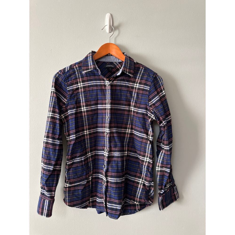 Lands’ End Flannel Shirt Small Plaid Button Down Blue Pink Cotton Casual Classic